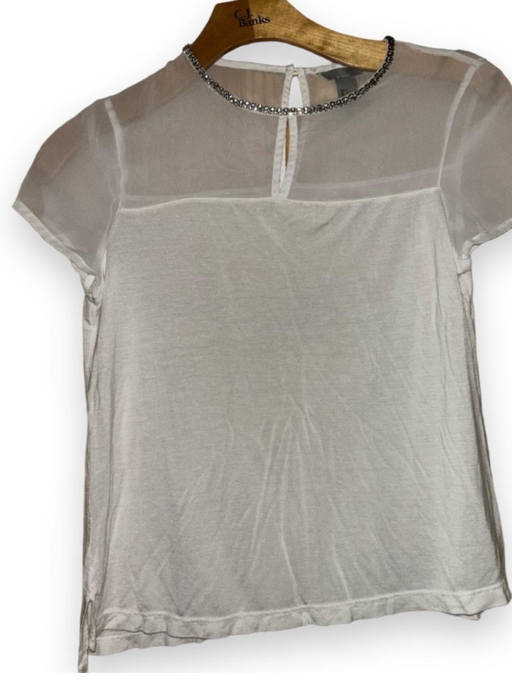 H&M White mesh blouse with silver rhinestone beaded trim #mesh #beaded